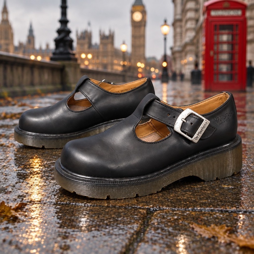 Vtg Dr. Doc Martens MARY JANE England Black Leather T-strap buckle UK 3/US 5
